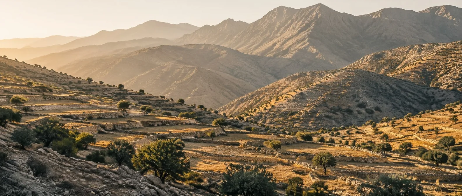 Terraced fields in the Anti-Atlas foothills at golden hour