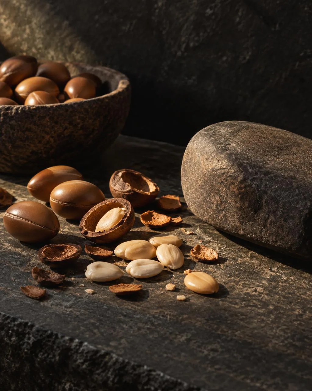 Argan kernels and cracked shells on dark stone beside a worn cracking stone
