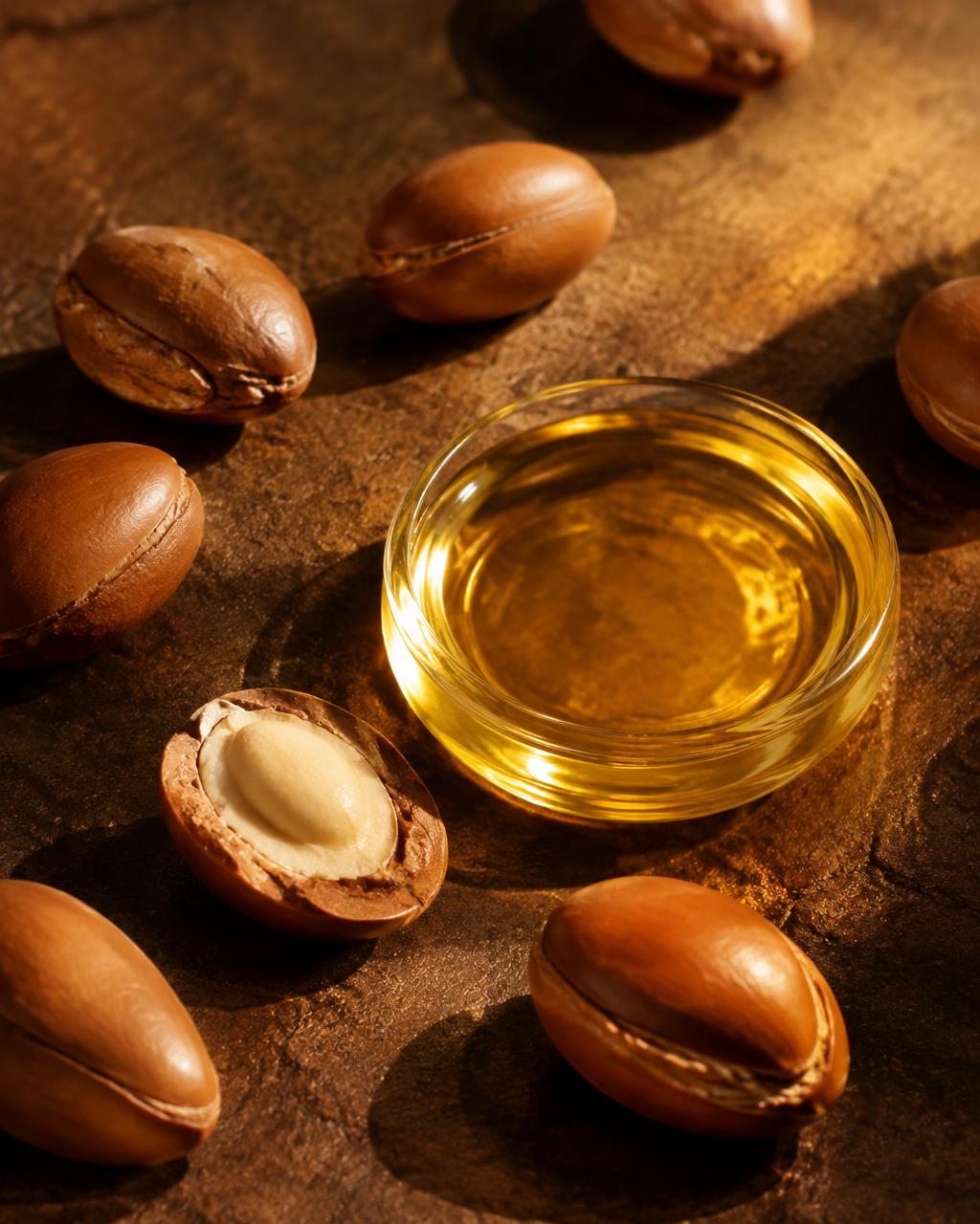 Argan kernels beside a small glass dish of amber-gold argan oil on warm stone