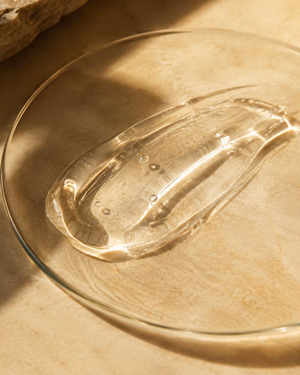 Editorial material study: a clear gel smear on glass over warm stone