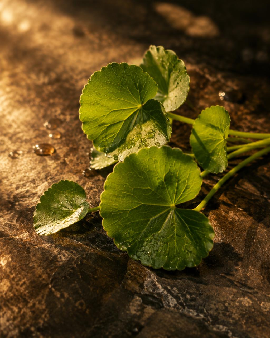 Fresh gotu kola leaves with scalloped round leaves and water droplets on dark stone
