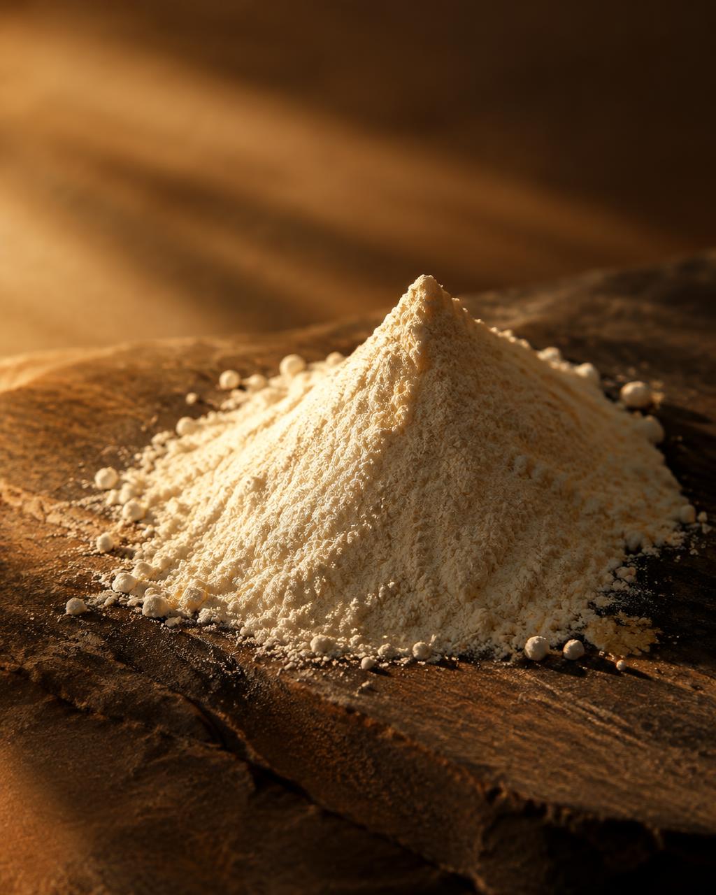Editorial material study: a fine pale powder on dark stone in warm light