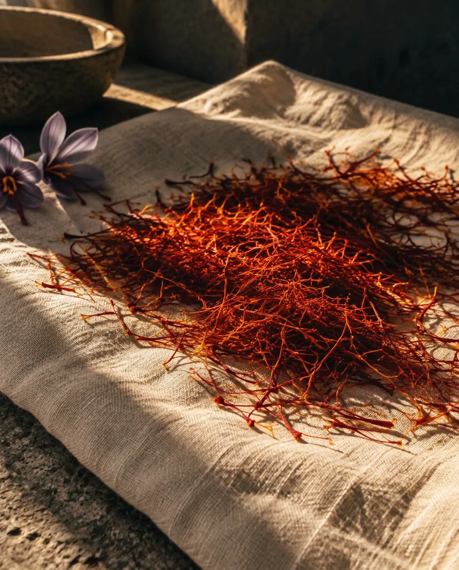 Saffron threads drying on undyed cotton in low golden light