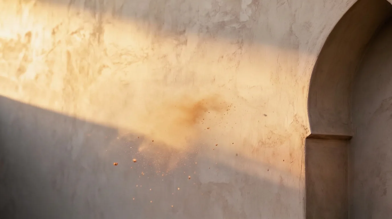 A tadelakt wall with an arch, warmed by golden-hour sunlight