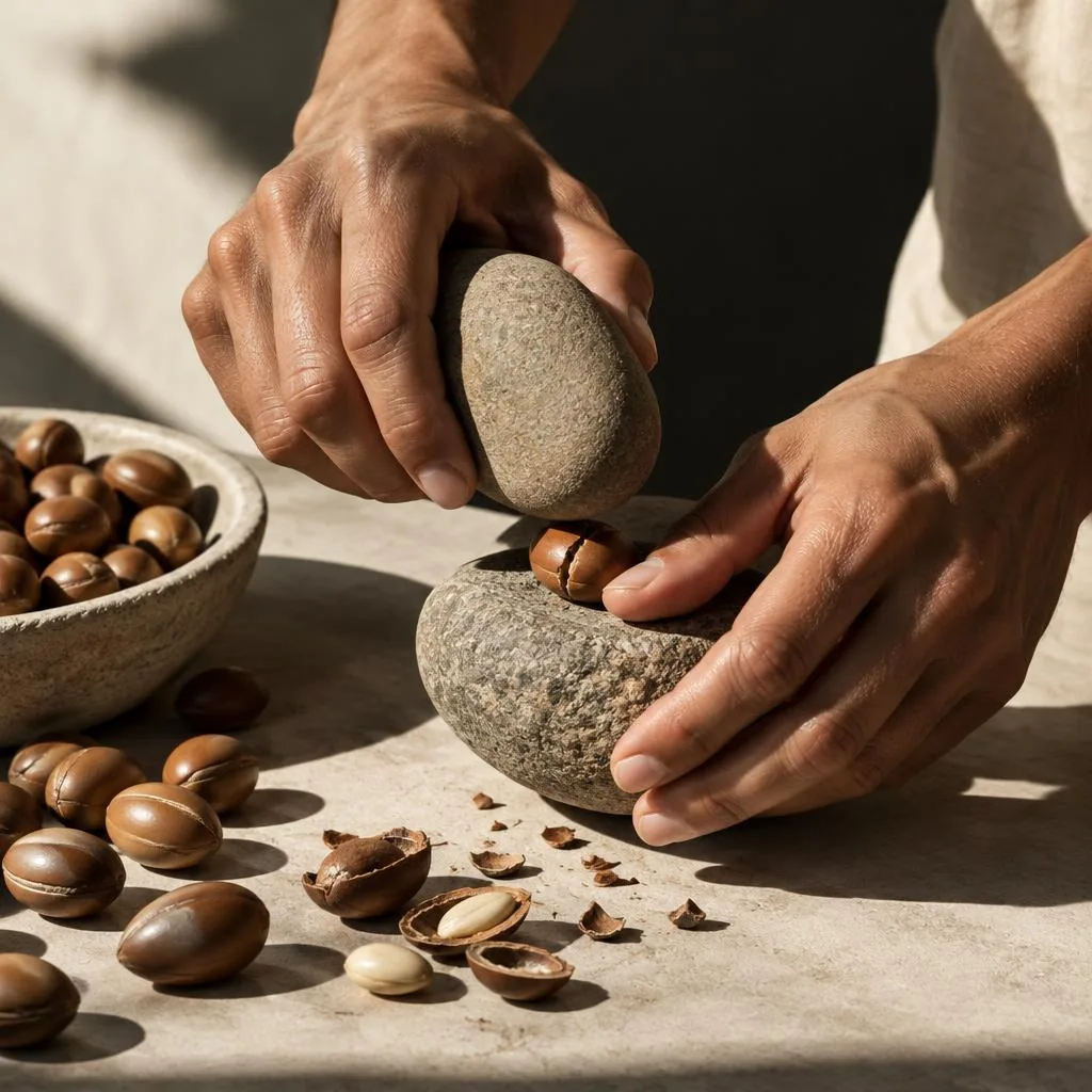 Hands cracking argan nuts between two stones